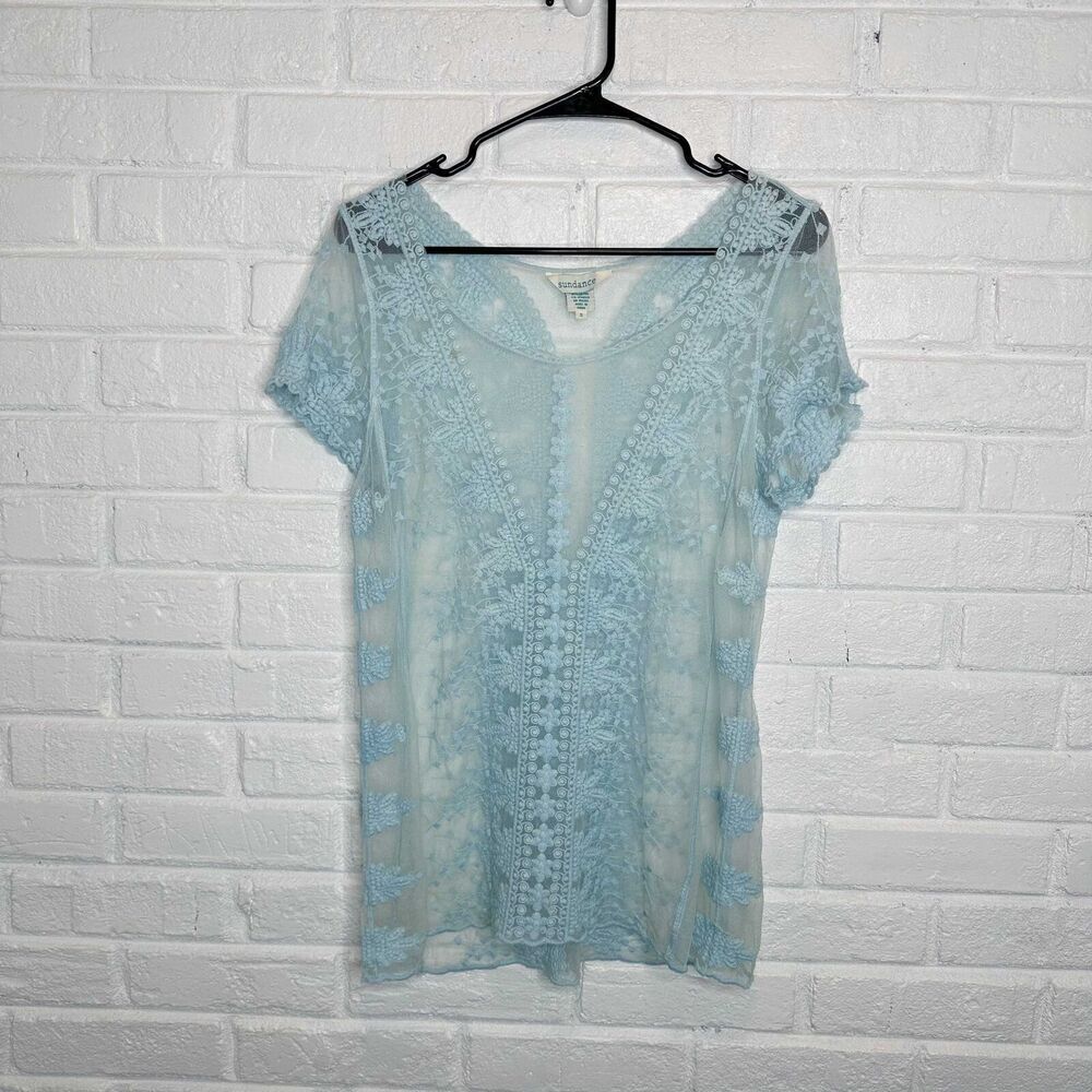 Sundance Sheer Blue Lace‎ Mesh Embroidered Top size Small